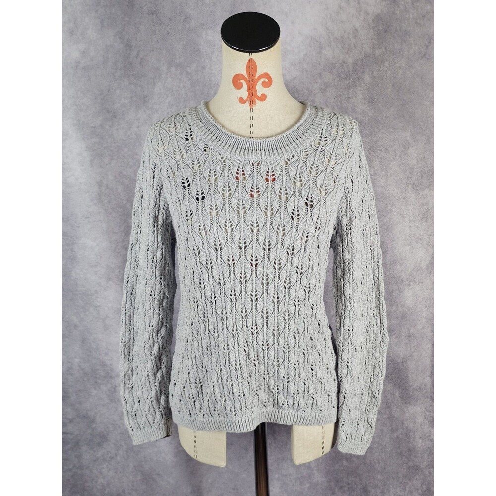 Croft & Barrow Women’s L Light Gray Knit Sweater Pullover Crochet 100% Cotton